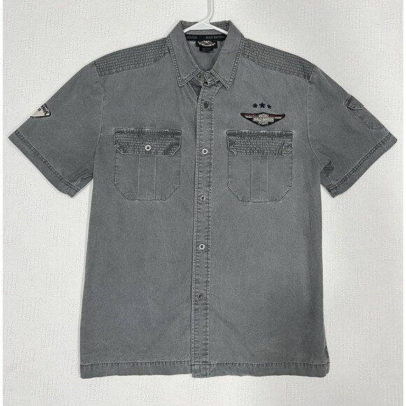 Harley Davidson Shirt Mens M Gray Short Sleeve Button Up Biker Motorcycle Shop - Picture 1 of 11